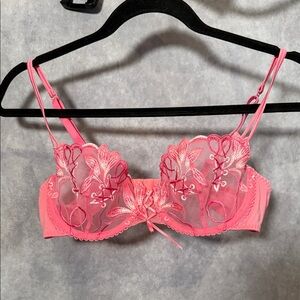 Sheer Floral Embroidered Pink Balconette Bra with Double Straps
